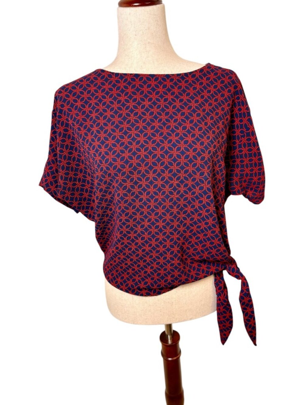 Michael Kors Navy Red Side Tie Blouse Draped Geometric Top XS